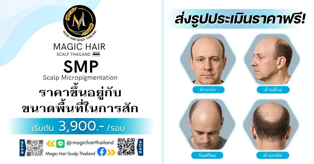 ภาพแสดงการถ่ายรูปหนังศีรษะ 4 ด้าน (ด้านหน้า ด้านข้าง ก้มศีรษะ และด้านหลัง) เพื่อส่งให้ทางร้านประเมินราคาการสักไรผม (SMP) ฟรี เริ่มต้น 3,900 บาทต่อรอบ